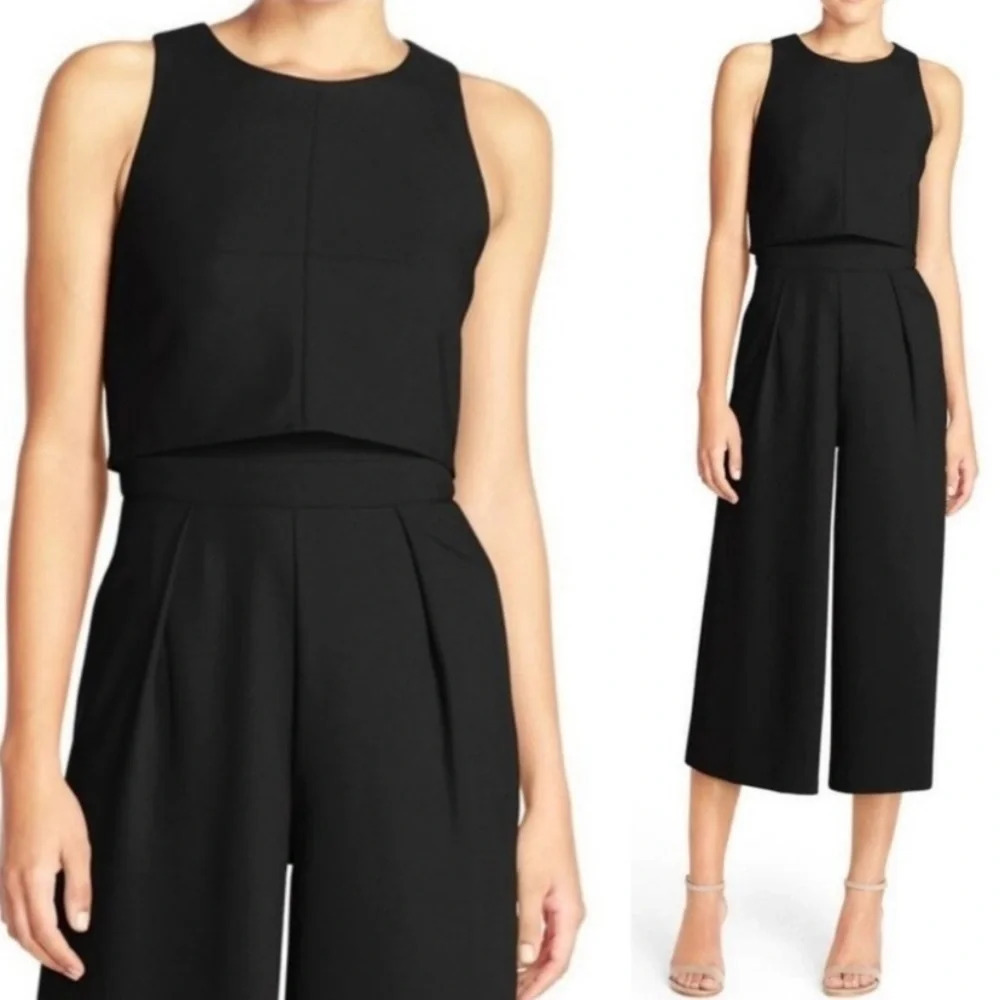 Chelsea 28 popover crop tiered wide leg solid black jumpsuit 862